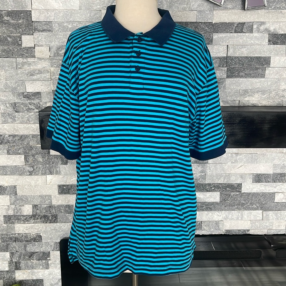 L L Bean Polo Shirt Mens L Blue Stripe Contrast Collar Button Short Sleeve